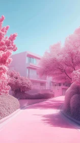 Residential driveway curves past trees with monochrome foliage