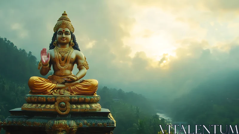 Golden child deity greets the mist-wrapped mountain dawn