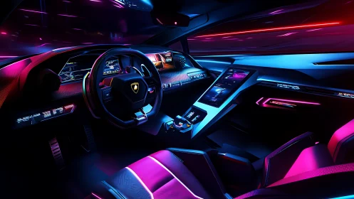 Futuristic sports car cockpit with neon digital interface.
