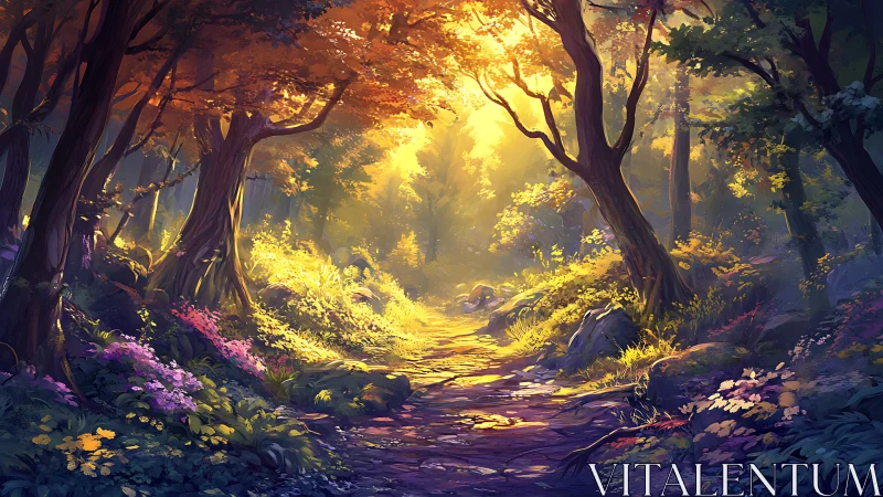 Illuminated forest pathway with golden light through tree canopy