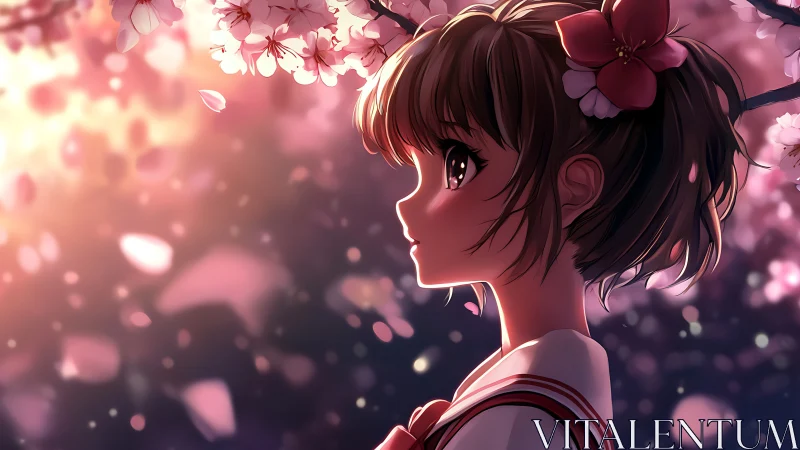 Twilight profile of girl under glowing sakura blossoms.