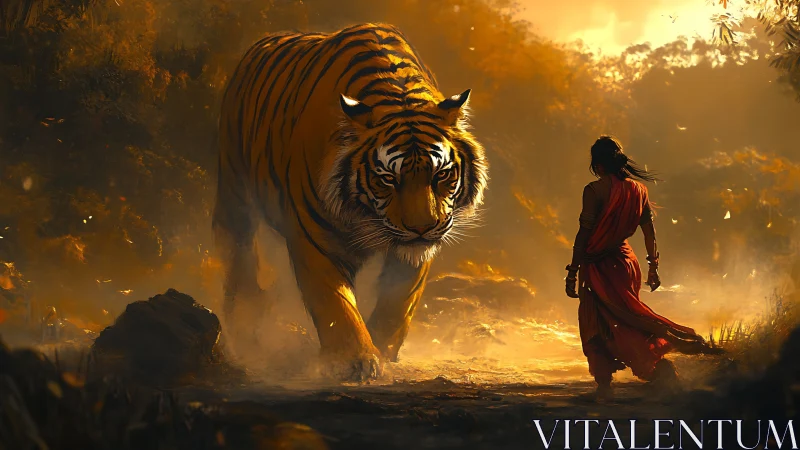 Sunlit jungle pact between wandering monk and titan tiger.