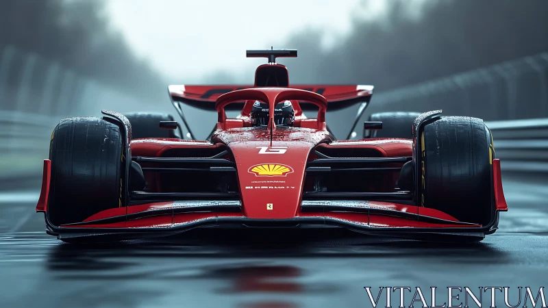 Red Formula One car accelerates on wet racetrack in mist.