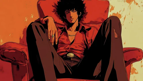 Relaxed man in red armchair framed by bold orange tones