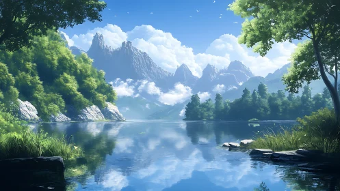 Quiet mountain lake invites calm reflection under soft skies