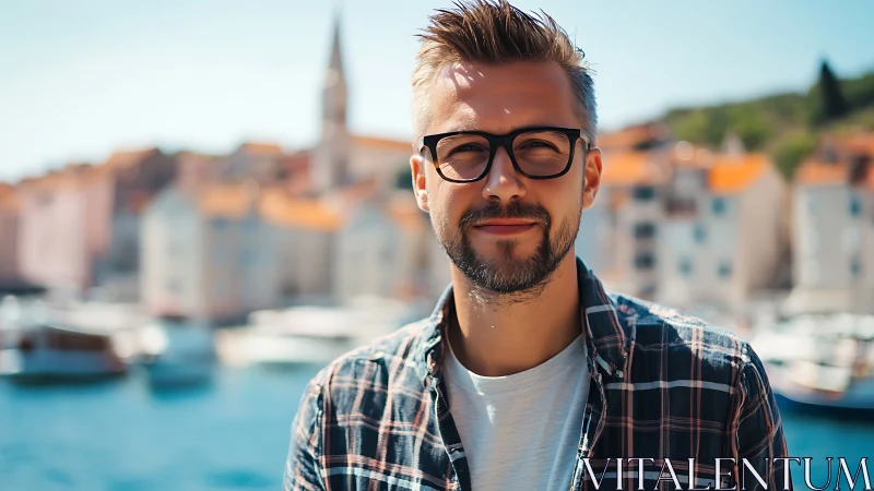 Smiling man in glasses enjoys a sunny harbor backdrop.