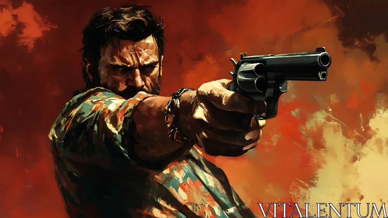 Gunman extends revolver toward viewer against burning sky