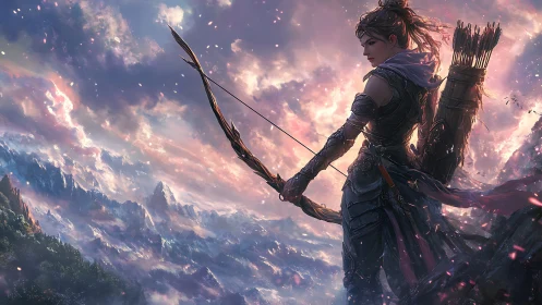 Armored archer overlooking luminescent alpine stormscape.