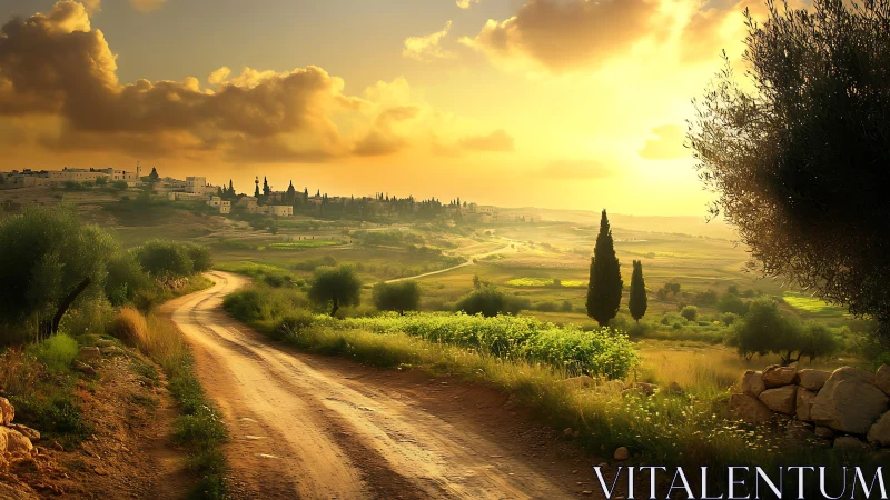 Golden rural road curving toward distant hillside village at dusk.
