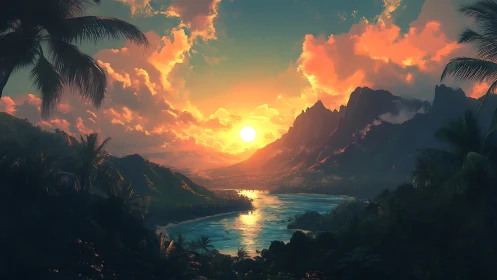 Digital painting of tropical river valley at radiant sunset.