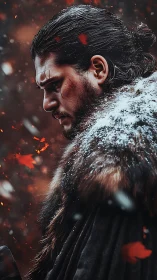 Brooding warrior stands in snow and embers, lost in thought