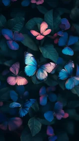 Blue and pink butterflies over dark green leaf background.