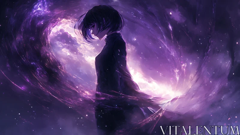 Solitary anime figure stands within swirling cosmic vortex