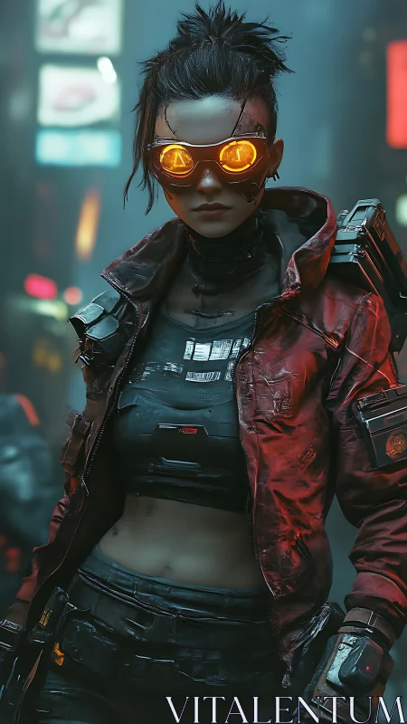 Cyberpunk femme operative with glowing visor in neon alleyway.