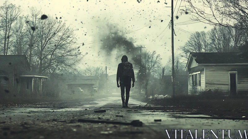 Lone wanderer strolling through a quiet stormy street.