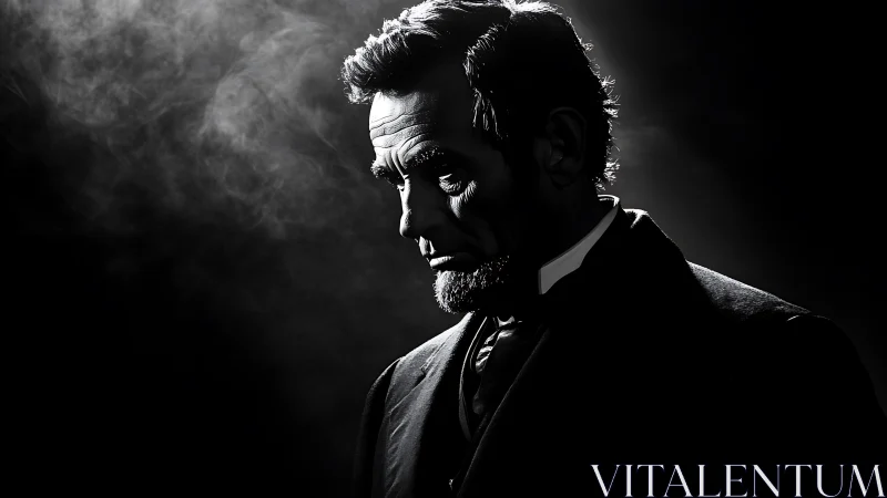 Brooding gentleman in smoke-soaked monochrome spotlight study.