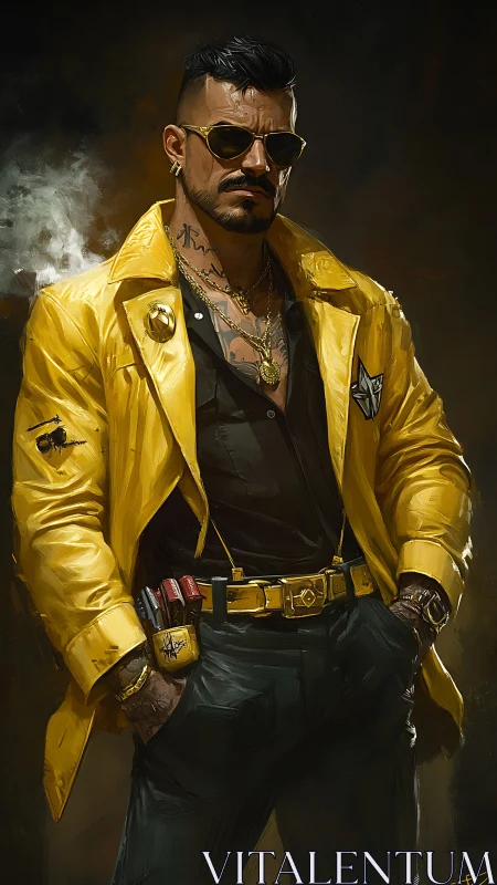 Bold man in yellow coat radiating effortless cool swagger.