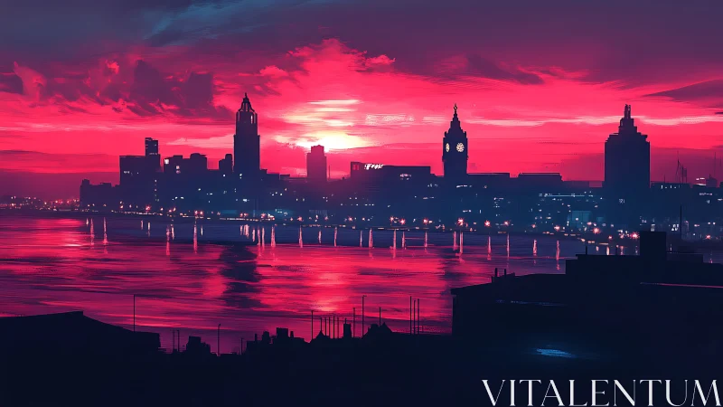 Neon-tinted riverfront skyline glowing in bold twilight.