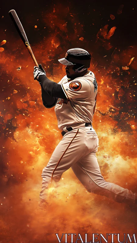 Baseball batter swings powerfully amid fiery orange blast.