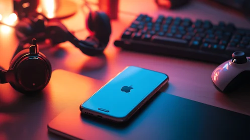iPhone on gaming desk under neon gradient studio lighting.