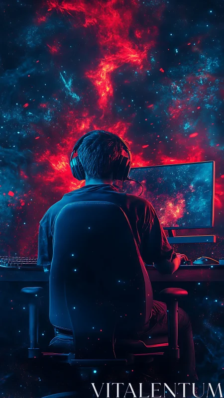 Cosmic gamer at the edge of a neon digital universe.