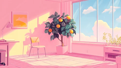 Sunlit pastel studio with a dreamy indoor citrus tree.