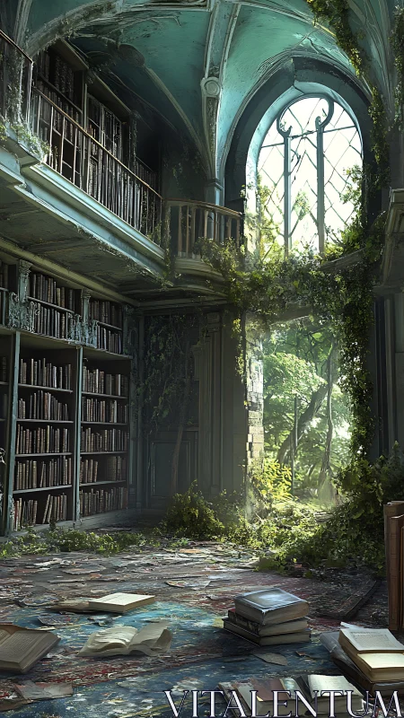 Overgrown vaulted library interior with collapsed reading floor