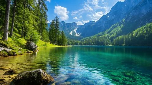 Mountain lake with clear water, forest and rocky peaks.