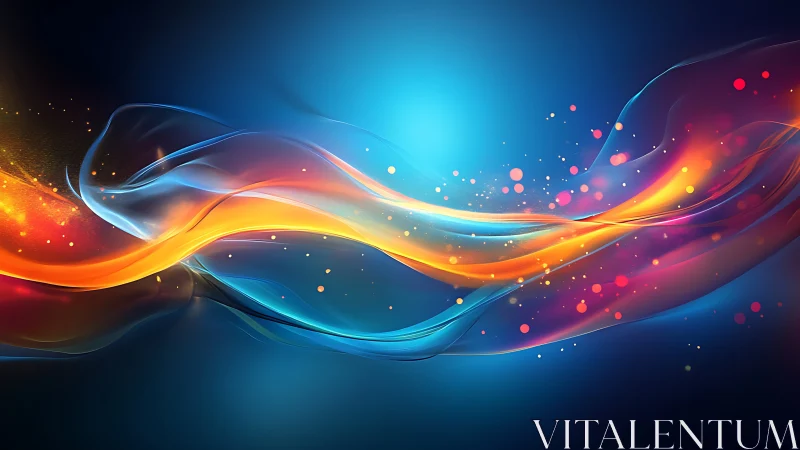 Abstract colored light waves on deep blue gradient background.