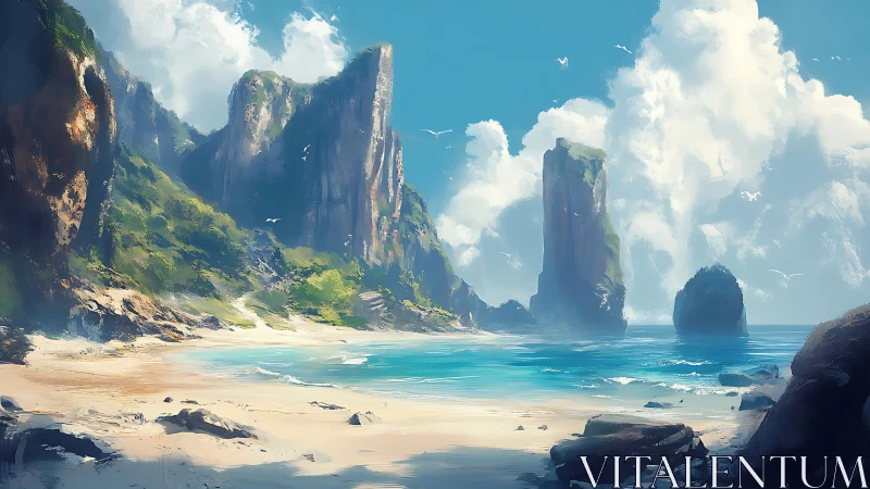 Digital Landscape Rendering of Coastal Rock Formations with Beach