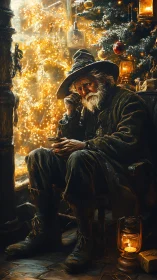 Weathered old man reflects beside glowing Christmas tree.