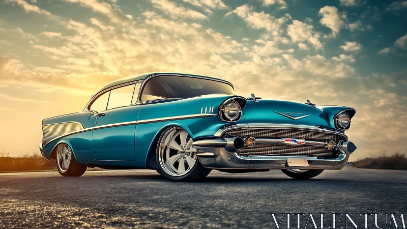 Classic turquoise coupe shines under warm evening sky