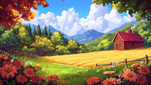 Rural cottage beside golden field under clear blue sky.