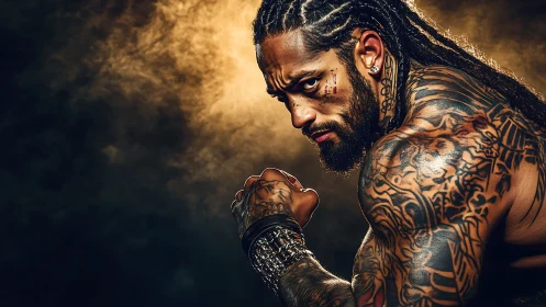 Powerful tattooed fighter stands ready in dramatic warm light