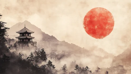 Misty Japanese pagoda under bold red rising sun.