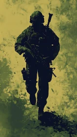 Silhouetted soldier strides forward through grunge haze
