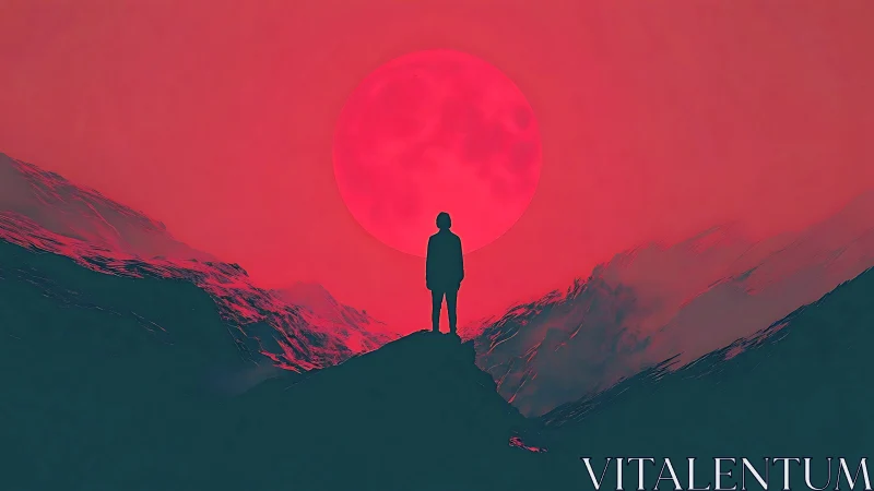 Solitary dreamer quietly studies a glowing crimson alien moon