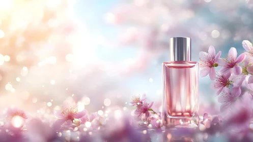 Crystalline Fragrance Bottle Amid Bokeh Flowers
