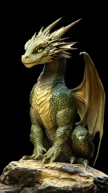Green dragon statue sits on rock against plain black background