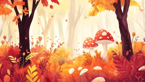 Autumn Woodland Scene with Toadstool Mushrooms and Seasonal Foliage.