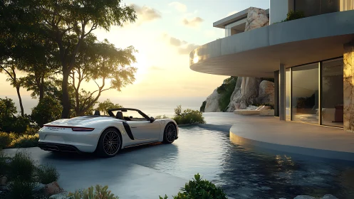Luxury roadster beside modern cliffside villa at sunset.