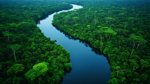 Dense tropical rainforest canopy with winding dark river.