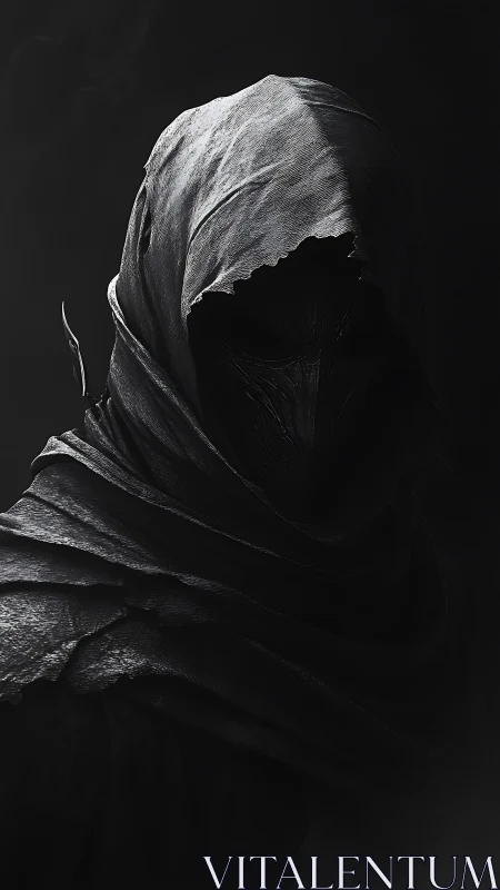 Hooded wraith portrait in high-contrast digital chiaroscuro.