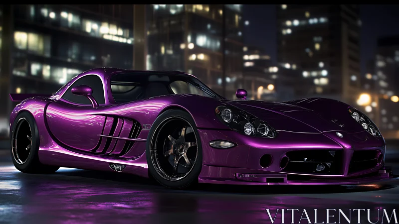 Chromed purple supercar under neon city night lights.