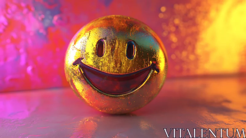 Textured metallic smiley sphere under warm colored light.