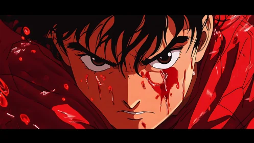 Intense anime closeup shows injured character with blood streaks