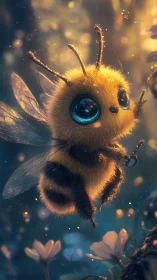 Digital illustration of stylized bee in glowing forest.