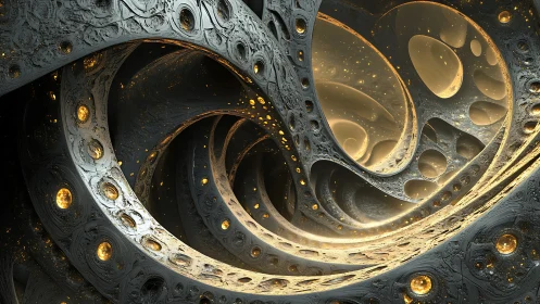 Parametric fractal tunnels with luminous golden sub-surface cores.