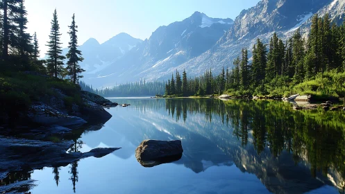 Mountain lake mirrors evergreen forest in crisp morning light.
