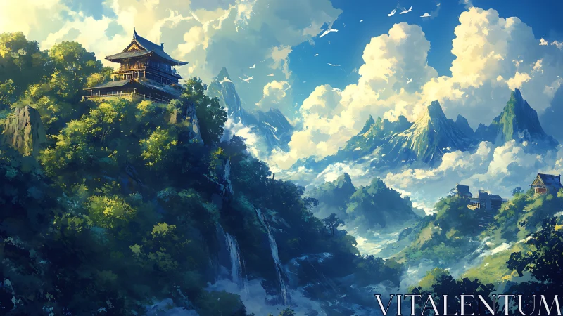 Mountain temple crowns misty valley under luminous clouds.